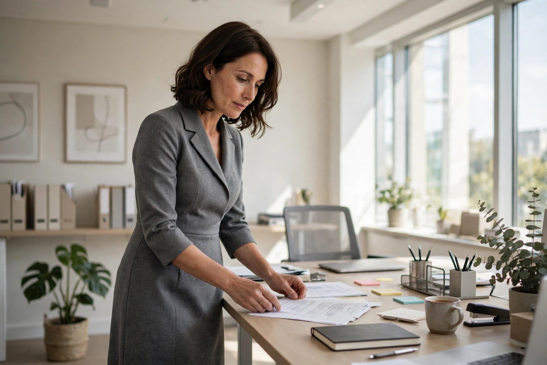 Woman in her 40s in a grey tailored midi dress with three-quarter sleeves reviewing papers at an office desk
