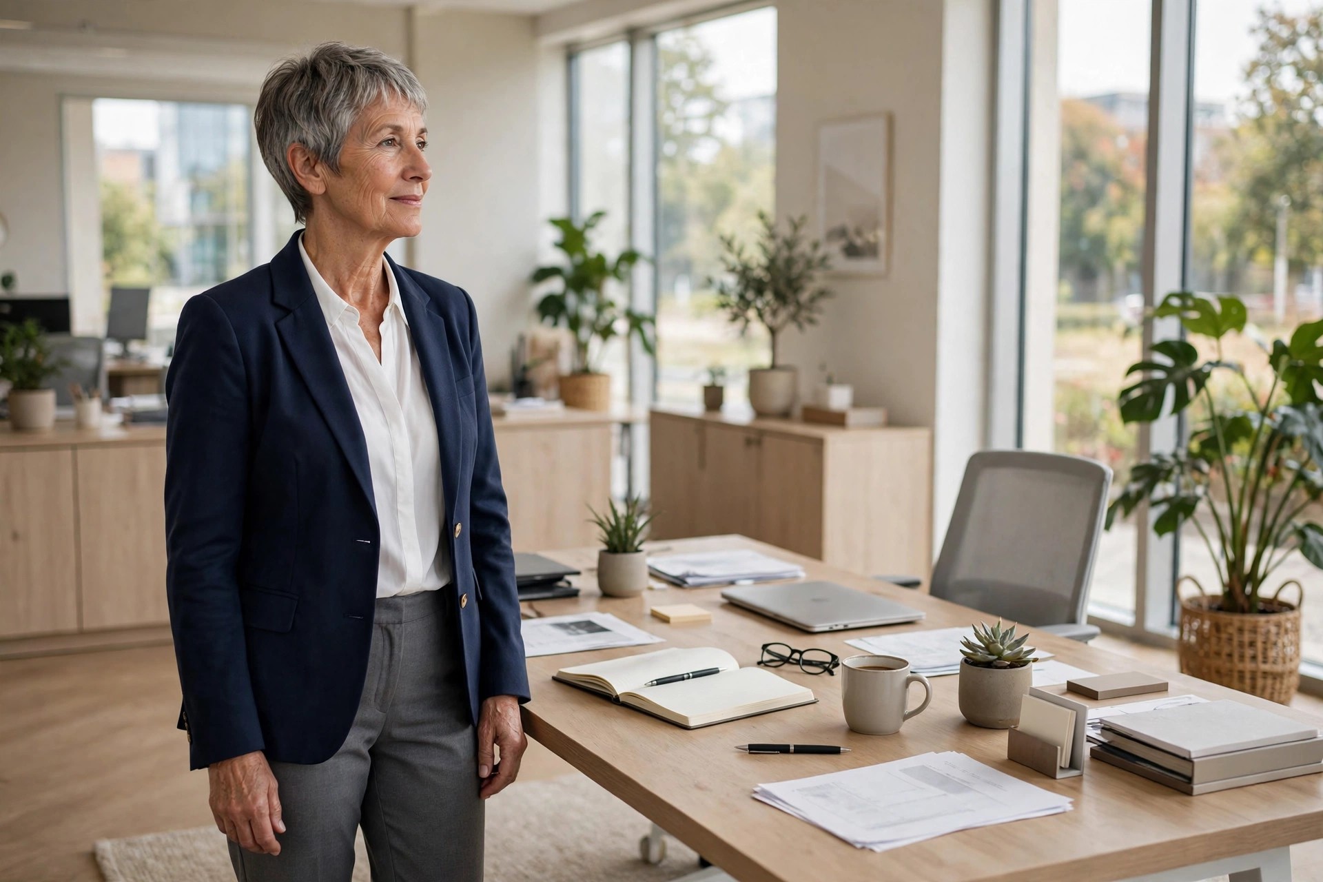Woman over 50 with short grey hair in a tailored navy blazer, white blouse and grey trousers beside an office desk