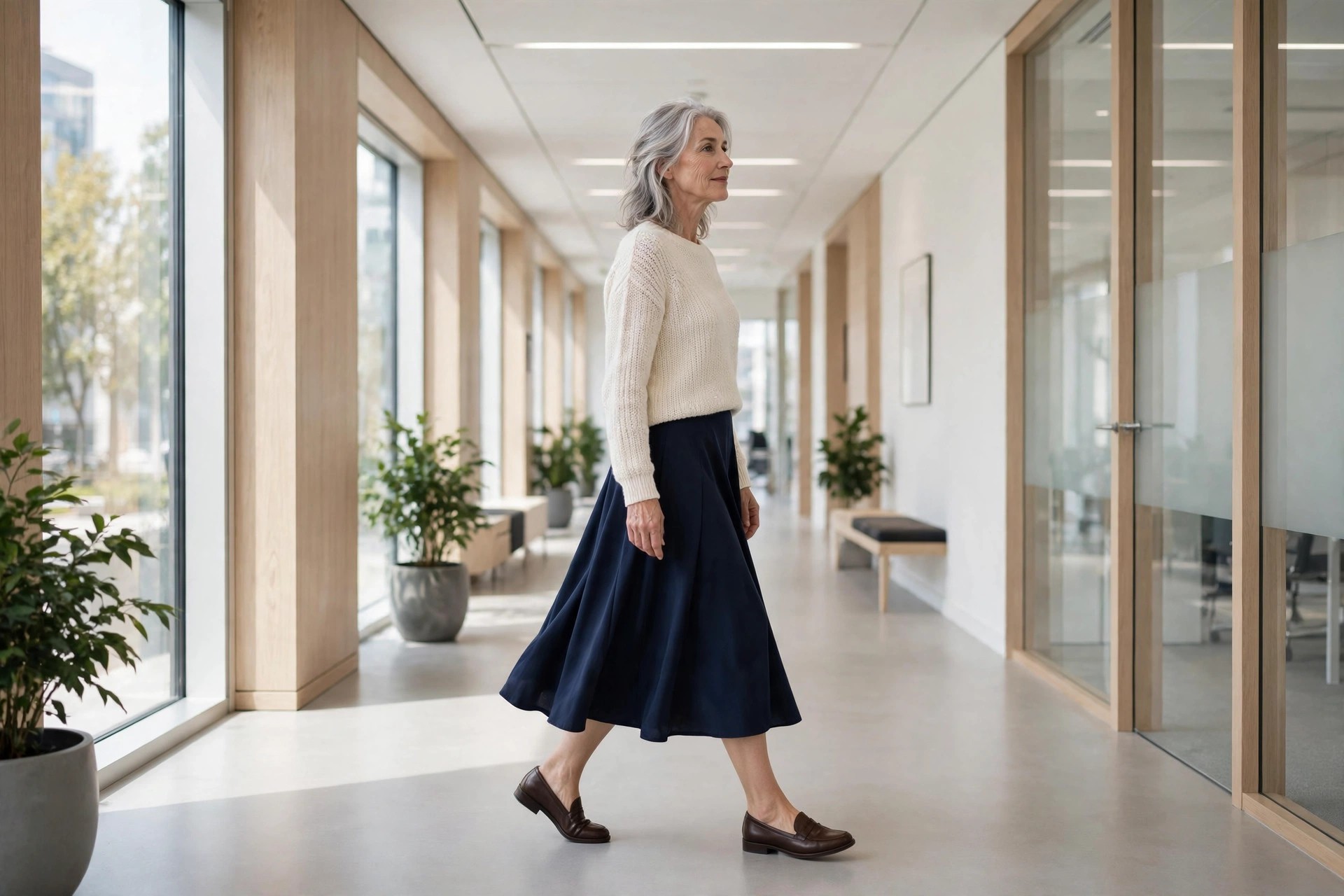 Woman over 50 with silver hair in a cream knit top and a navy A-line midi skirt walking down an office corridor