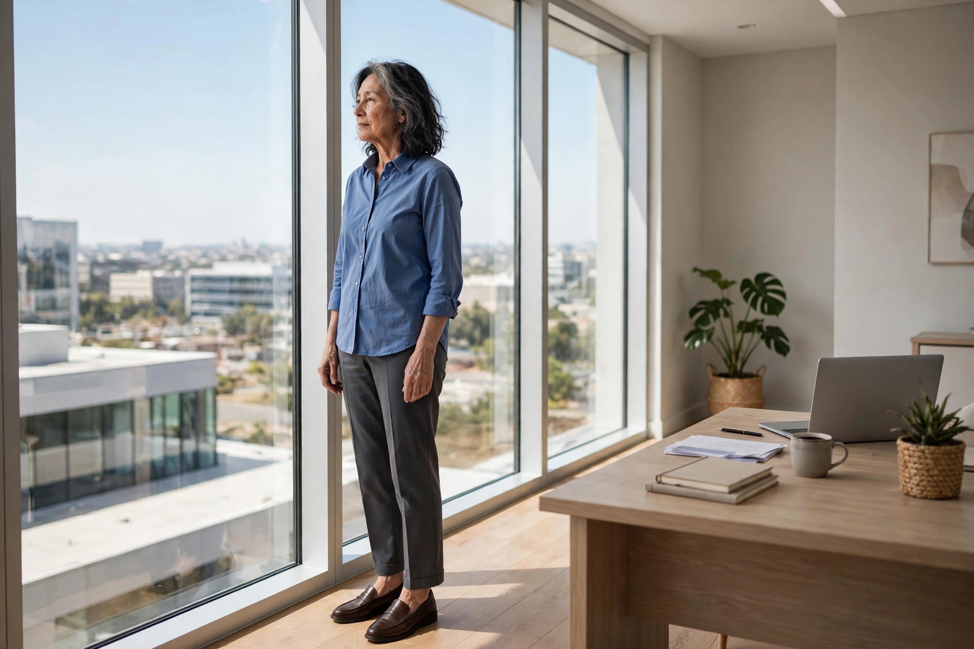 Woman over 50 in a blue Oxford shirt and charcoal ankle trousers with brown loafers by an office window