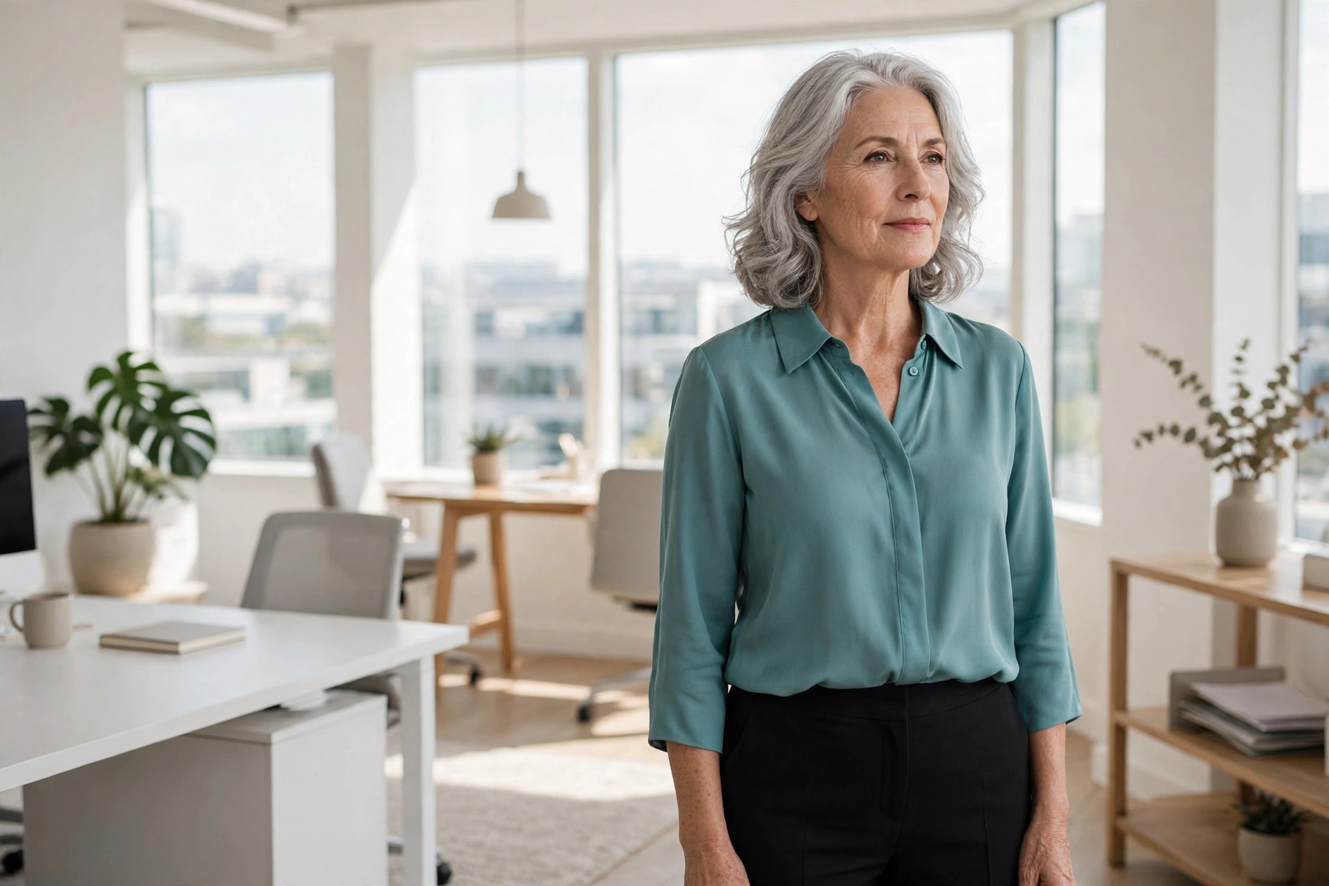 Woman over 50 with silver hair in a soft teal blouse and black trousers standing in a bright office