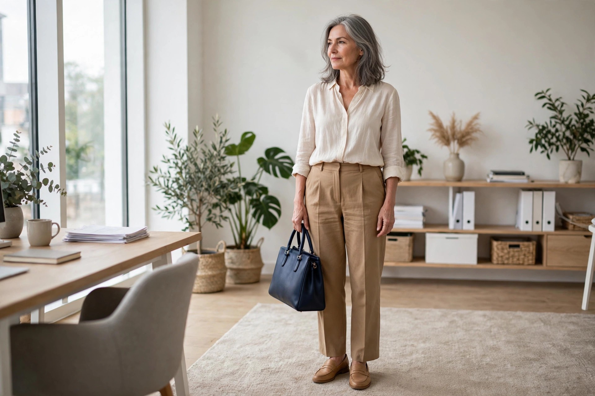 Woman over 50 in camel trousers, a cream blouse and tan loafers holding a navy structured bag in an office