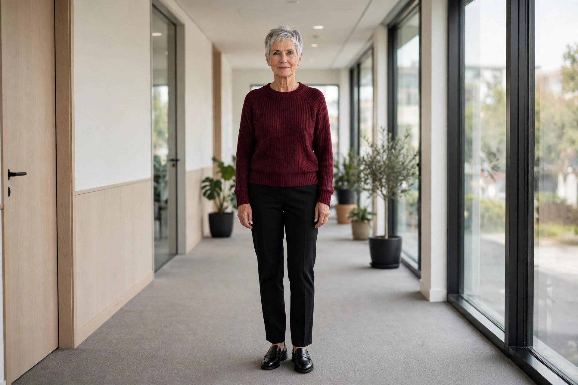 Woman over 50 with short silver hair in a burgundy knit top, black trousers and polished black loafers in an office hallway