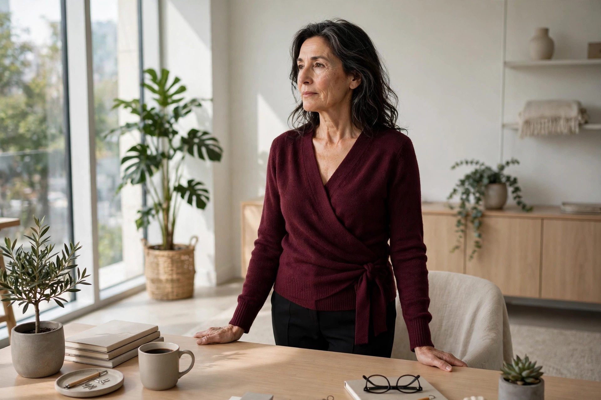 Woman over 50 in a burgundy matte knit wrap top and black trousers standing at an office desk