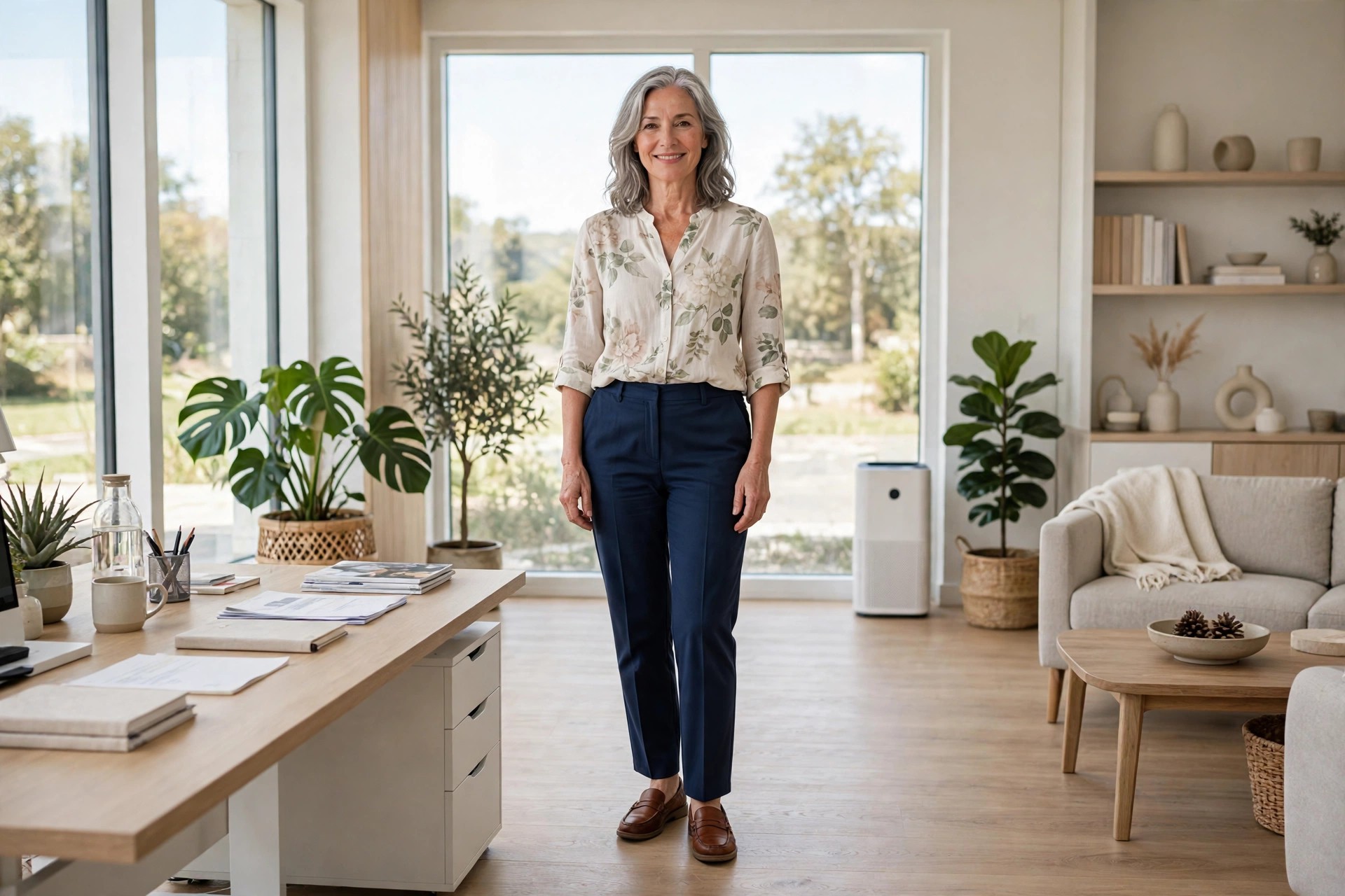 Woman over 50 in an ivory blouse with a large soft floral print and navy trousers standing in a bright office