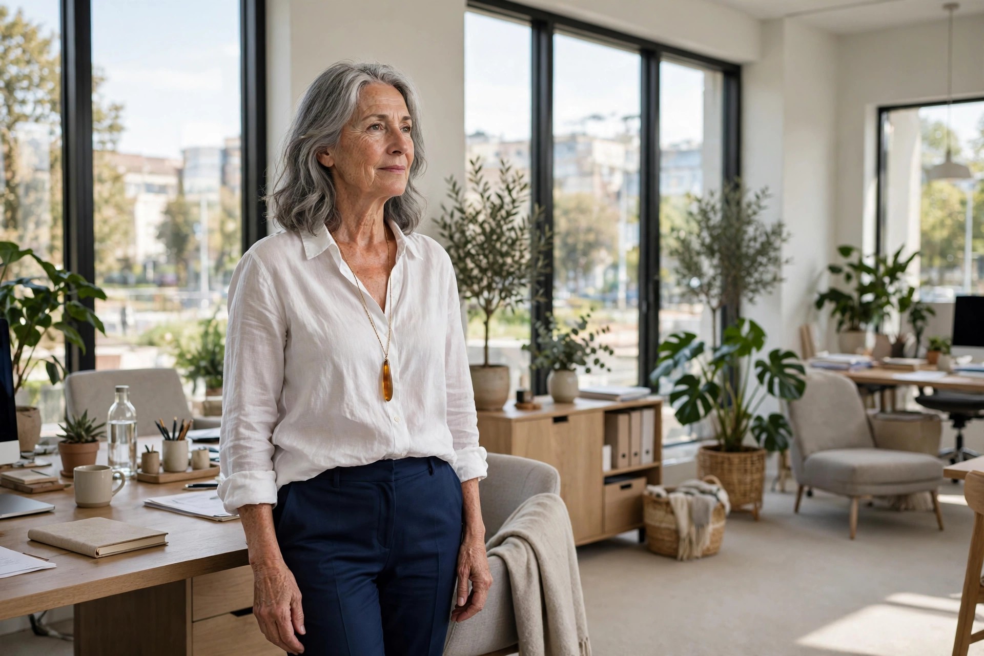 Woman over 50 in a white open-collar shirt with a long pendant necklace and navy trousers in an office