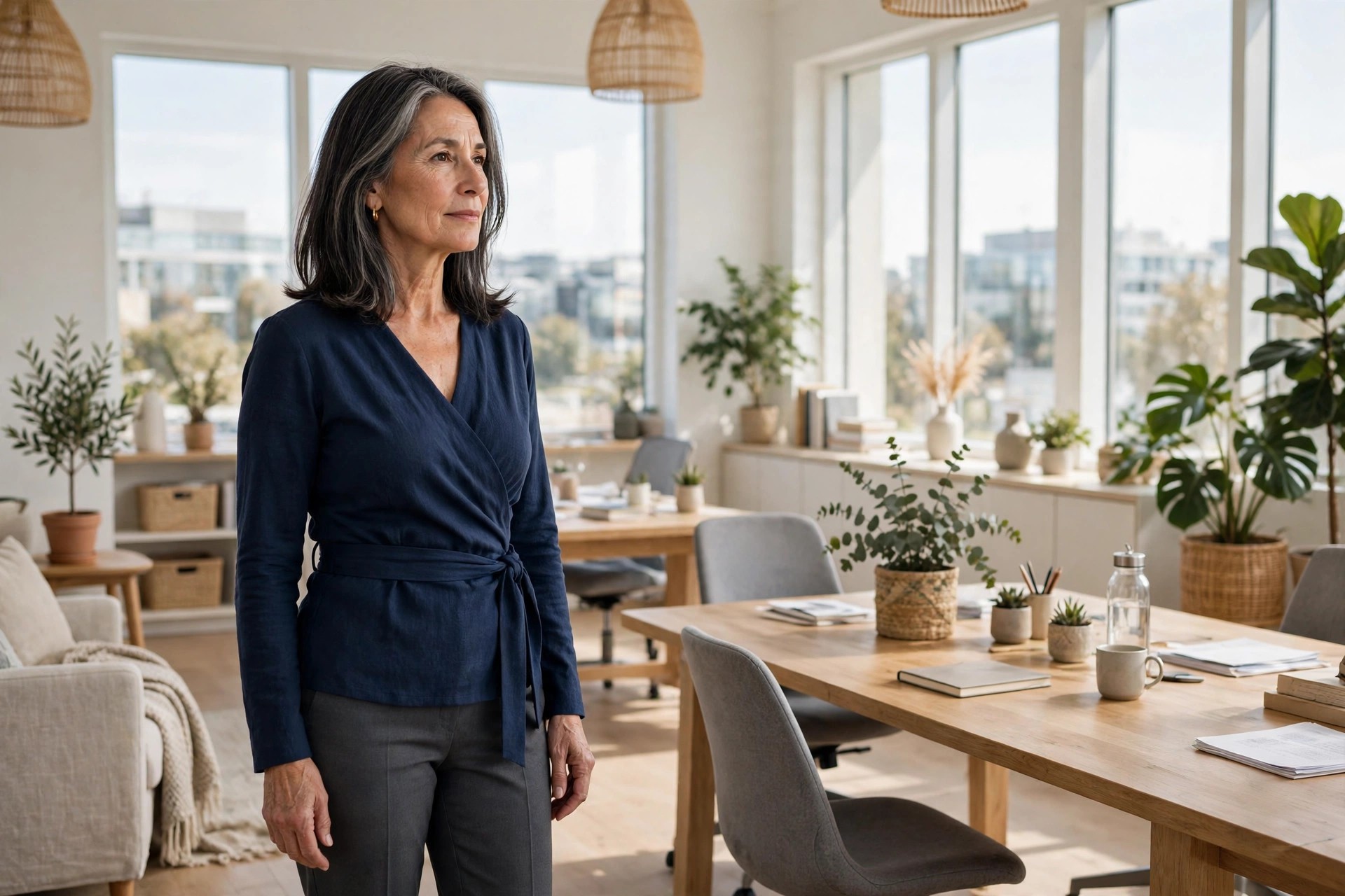Woman over 50 in a navy wrap top with a tie waist and charcoal trousers standing in an office