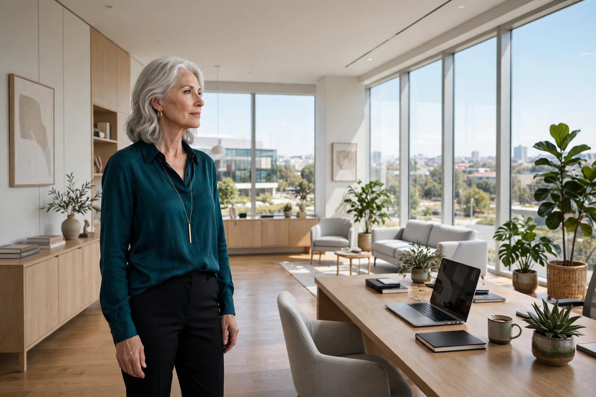 Woman over 50 with silver hair in a deep teal blouse, gold hoop earrings and a long pendant in an executive office
