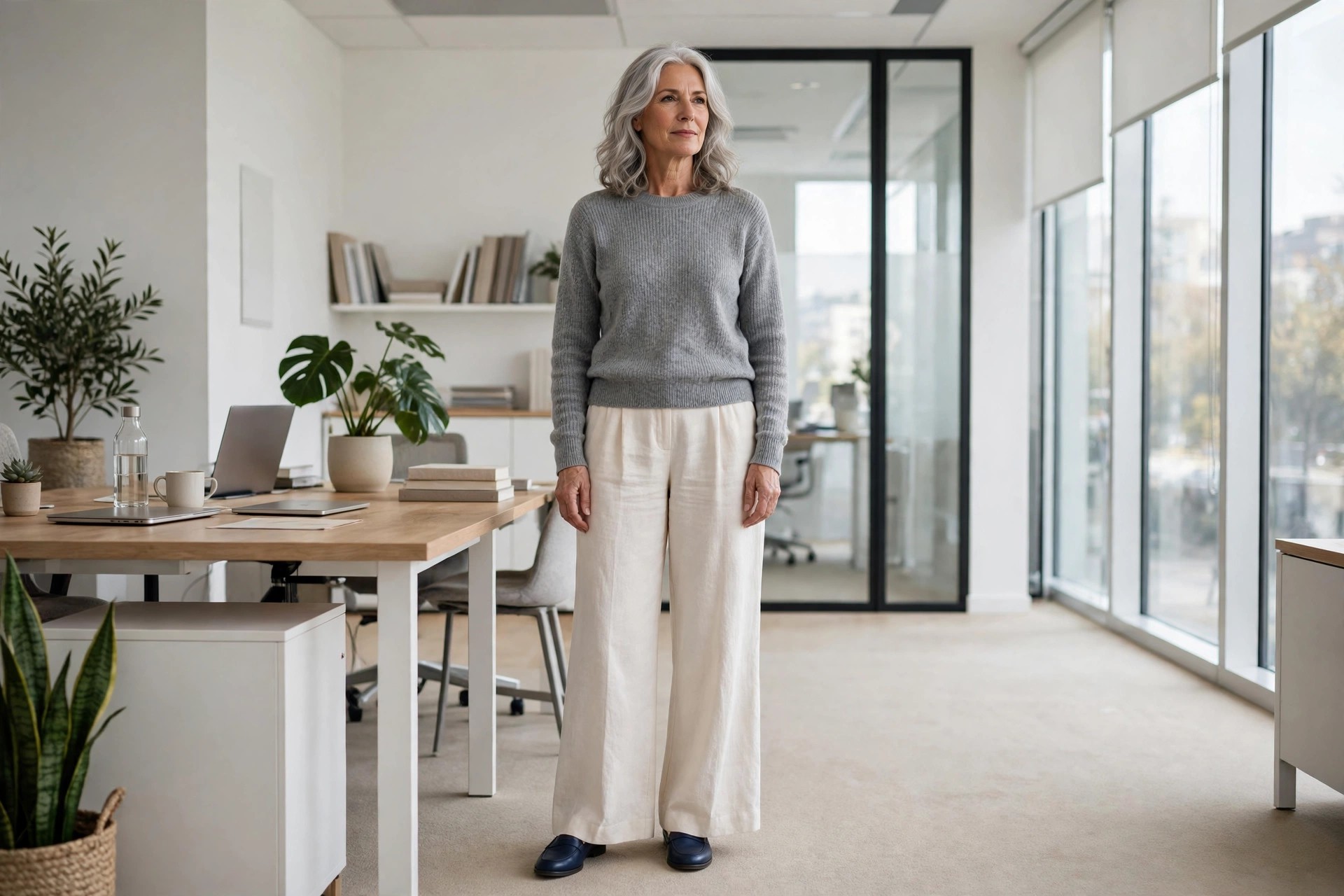 Woman over 50 in a grey knit top and full-length cream wide-leg trousers with navy loafers in an office