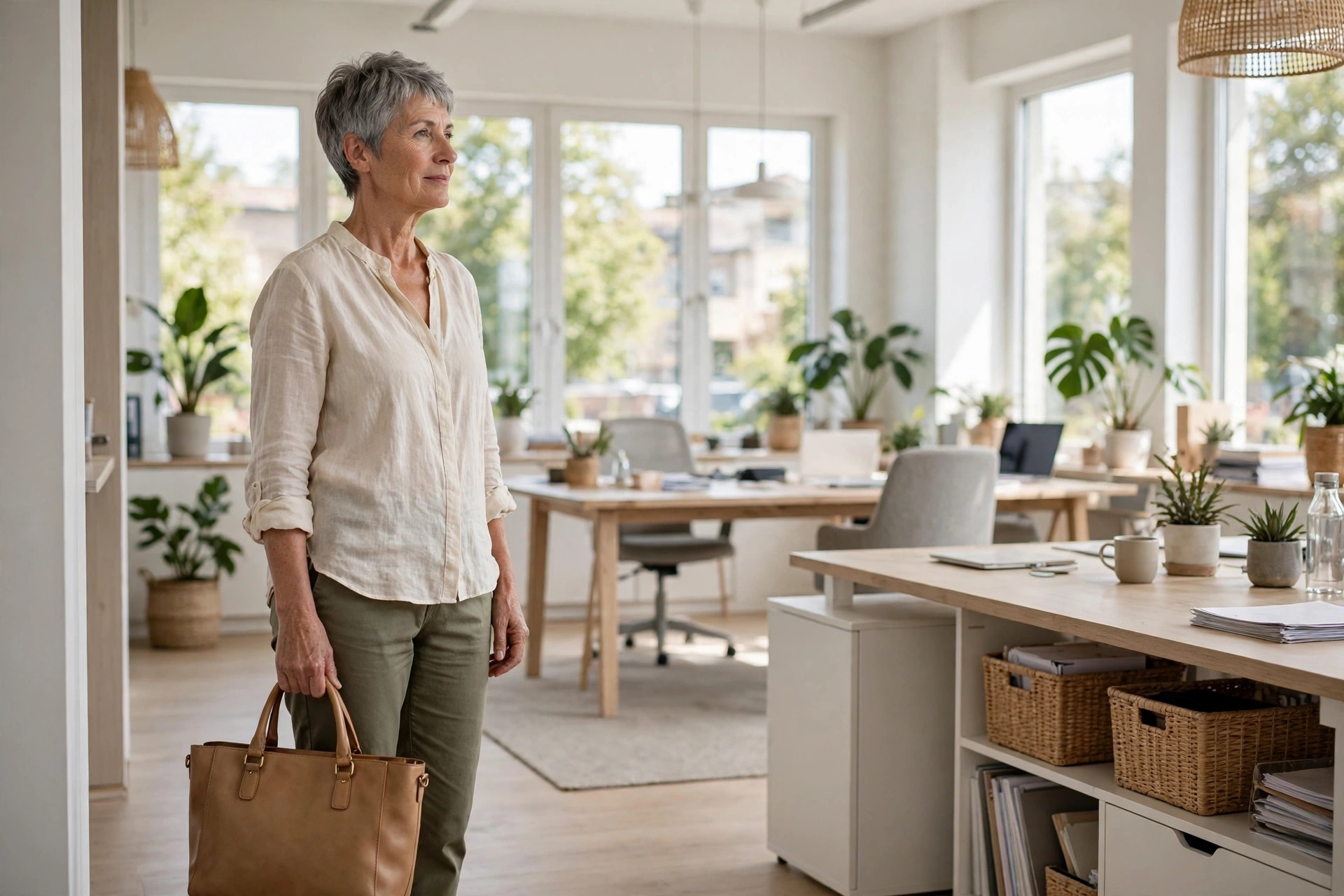 Woman over 50 with short grey hair in a cream blouse and olive trousers carrying a structured tan tote bag
