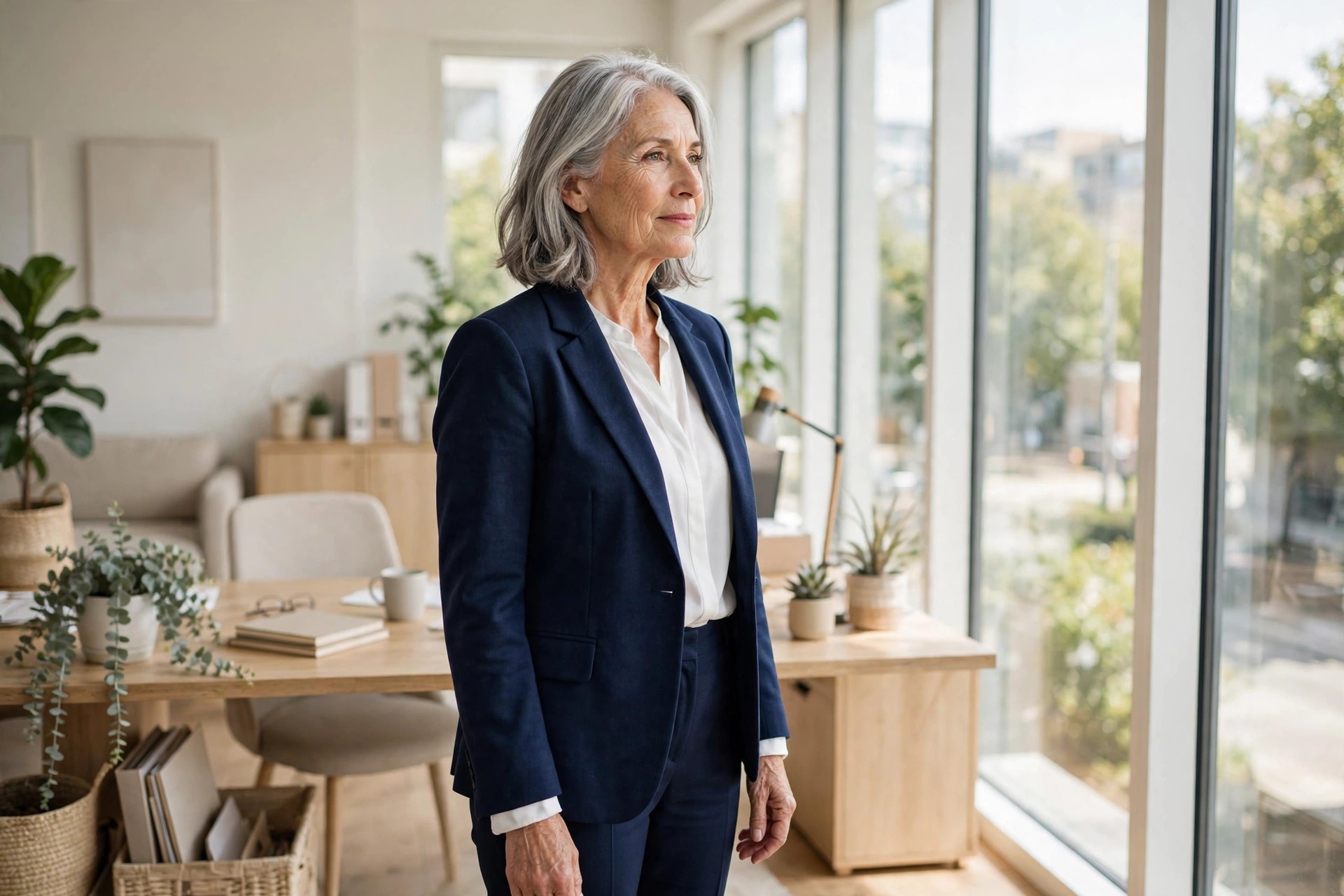 Woman over 50 in a navy blazer with a white blouse cuff showing at the wrist, standing by office windows