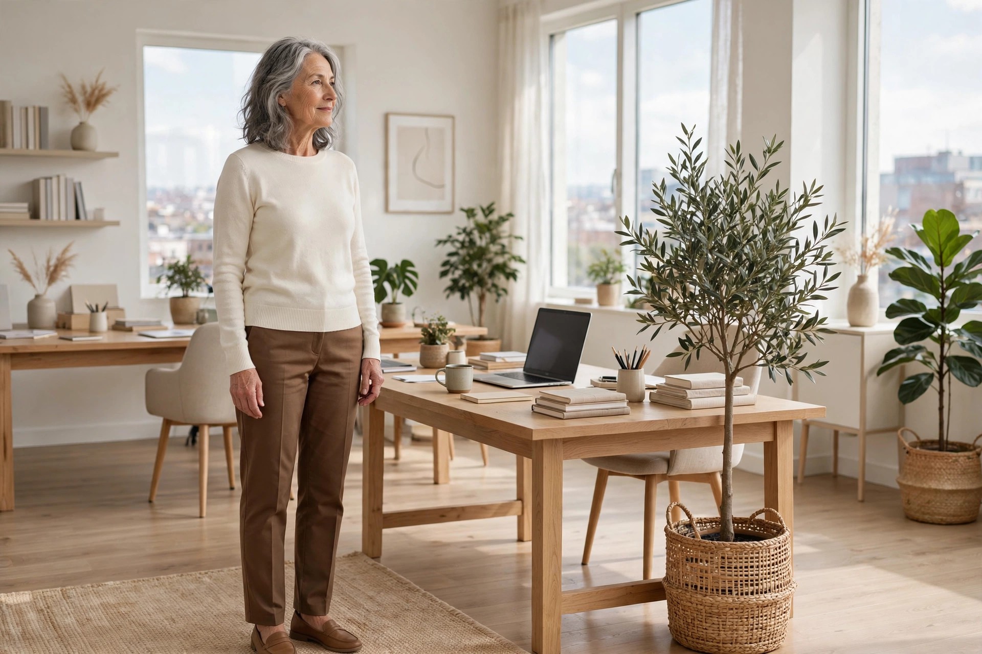 Woman over 50 in a fresh cream sweater and brown trousers with tan loafers beside an office desk