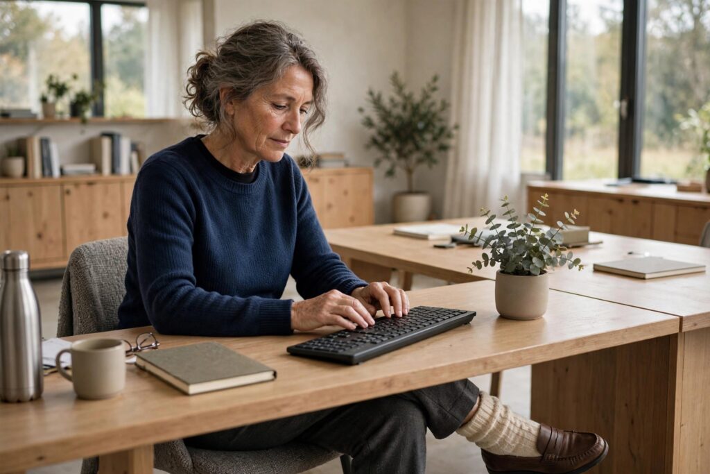 Woman over 50 in a navy sweater and charcoal trousers typing at an office desk, warm socks and loafers