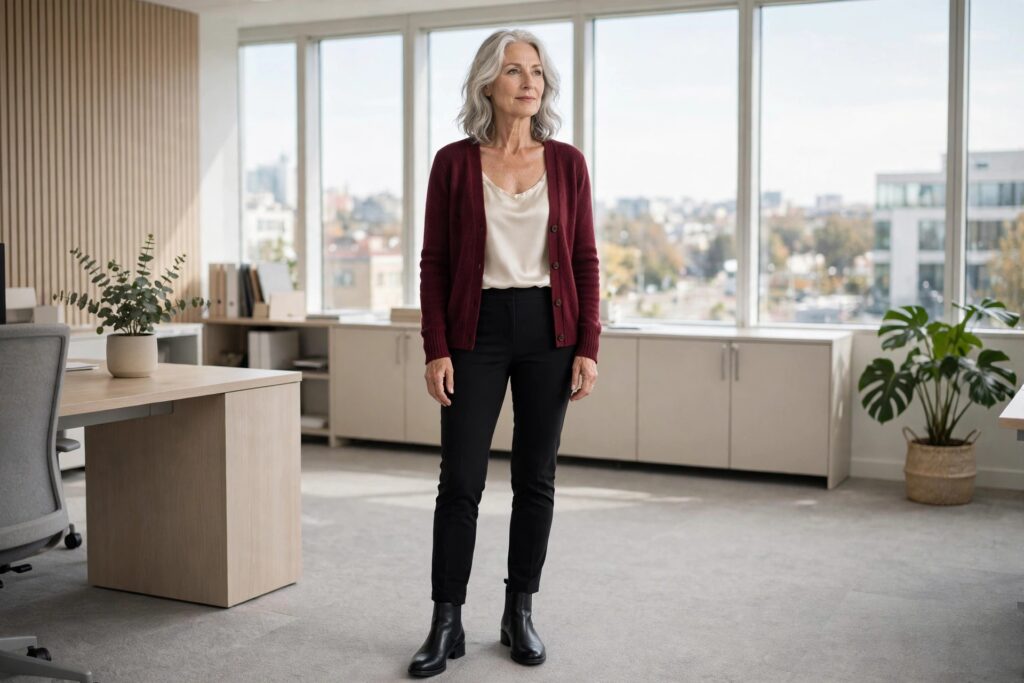 Woman over 50 with silver hair in a burgundy cardigan, cream top, black pants and ankle boots in an office