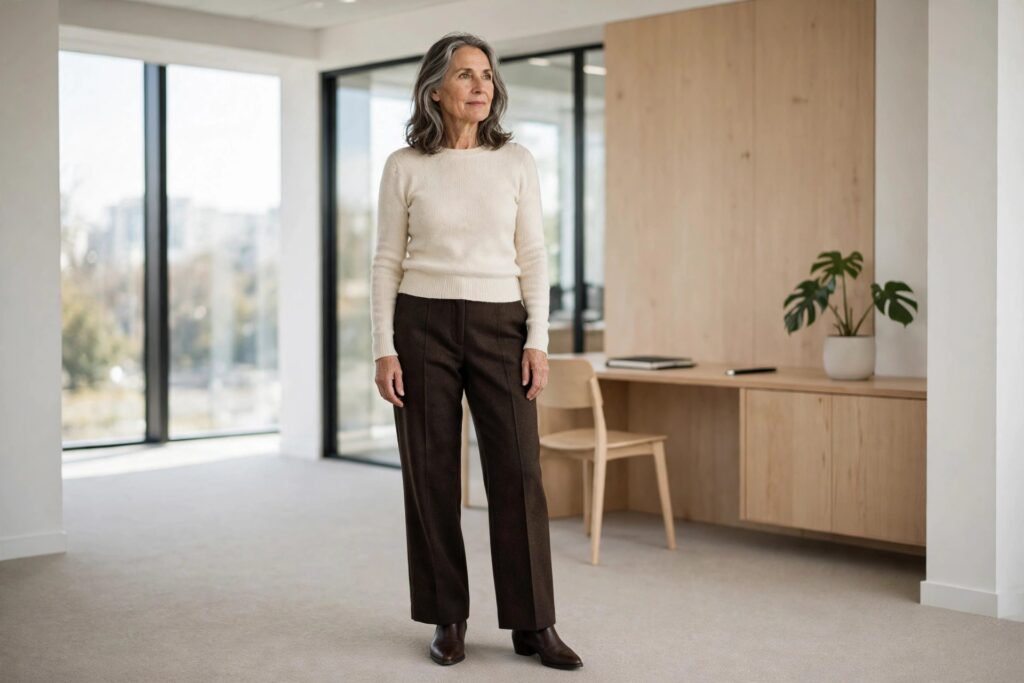 Woman over 50 in a cream sweater and dark brown wide-leg trousers with ankle boots in an office