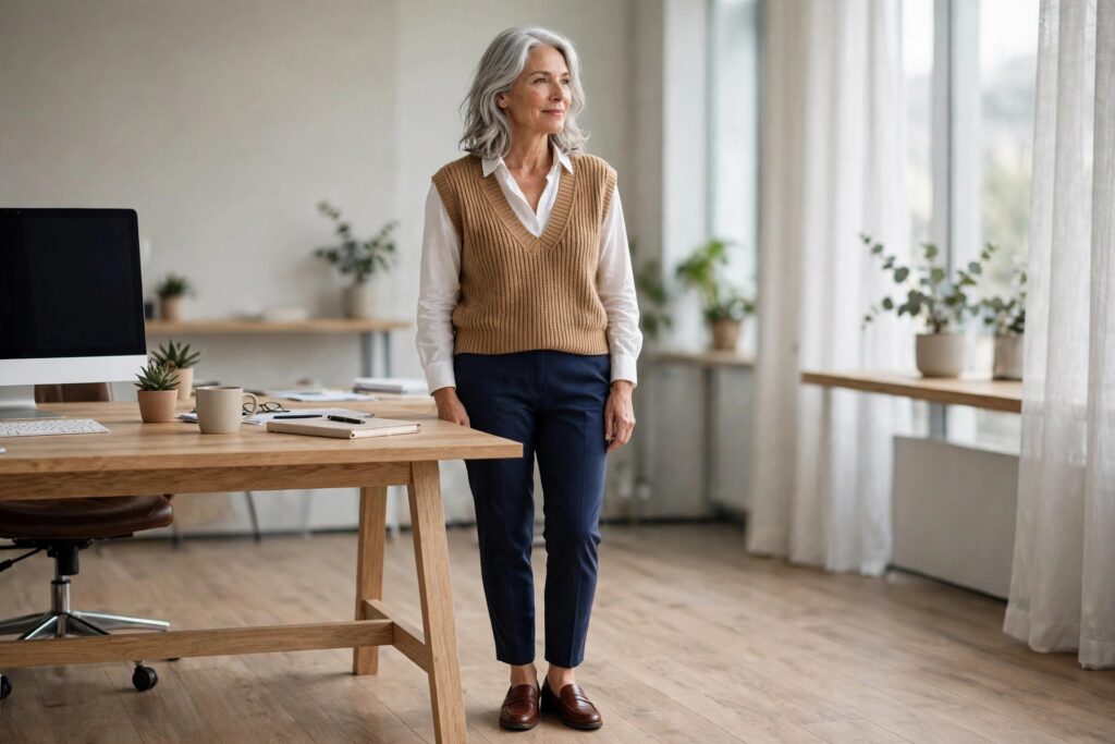 Woman over 50 in a white shirt and camel knit vest with navy trousers and loafers by an office desk