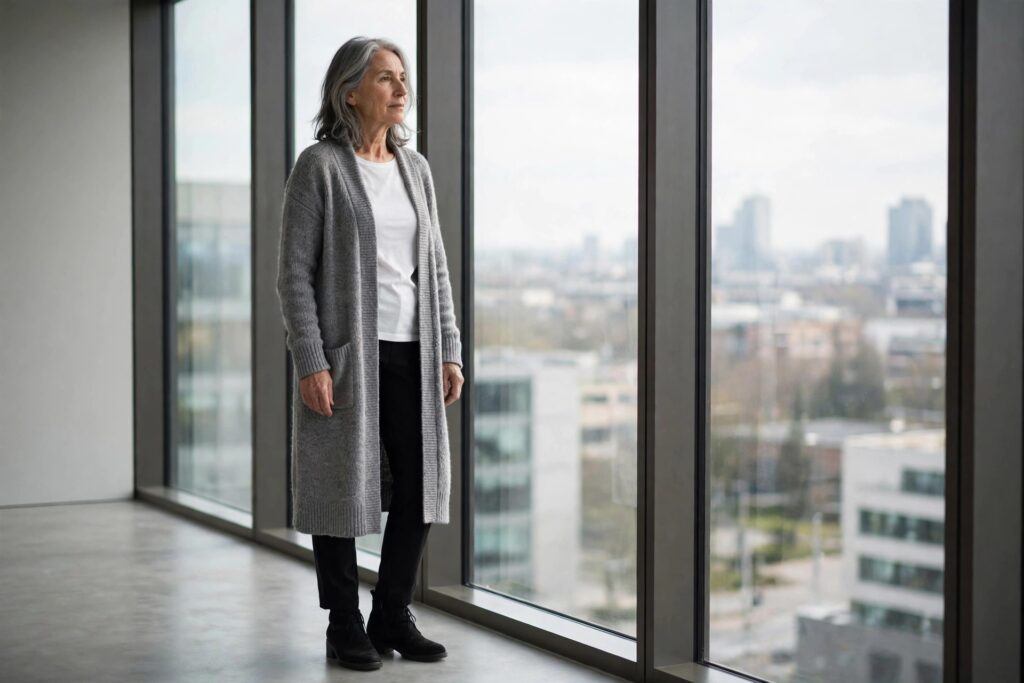Woman over 50 in a long grey coatigan over a white tee with black pants and ankle boots by office windows