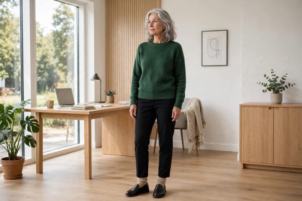 Woman over 50 with silver hair in a forest green sweater, black trousers, warm socks and loafers in an office