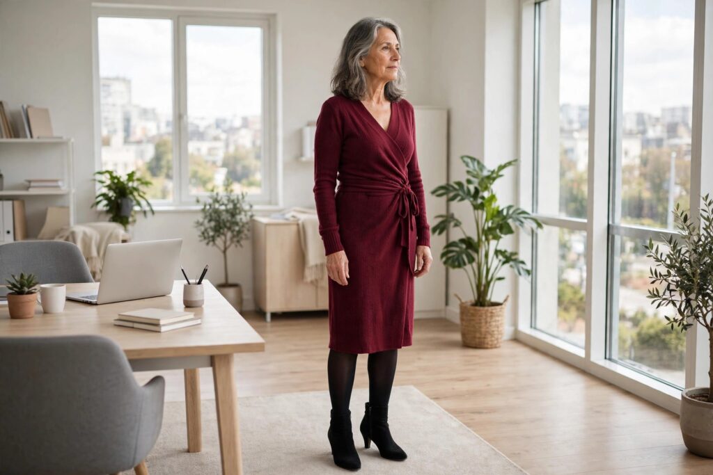 Woman over 50 in a burgundy wrap knit dress with dark tights and heeled ankle boots in an office