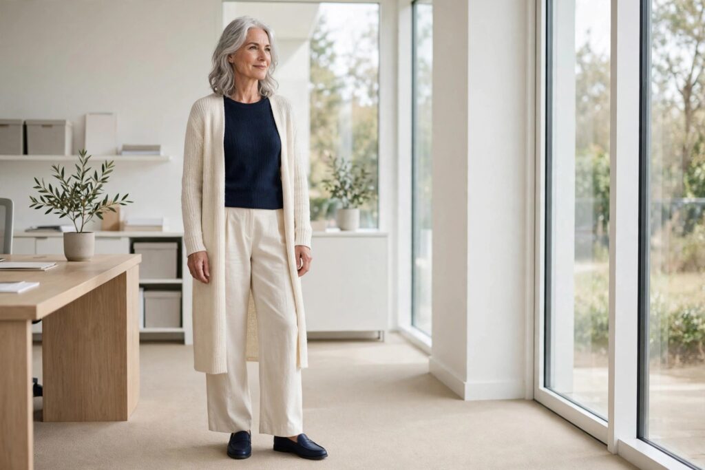 Woman over 50 in a navy knit top, cream wide-leg trousers and a long cream cardigan with navy loafers