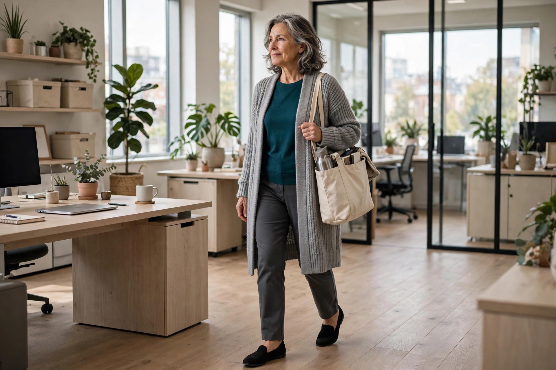 Woman over 50 wearing a long grey open cardigan over a teal top with charcoal pants, carrying a tote in an office