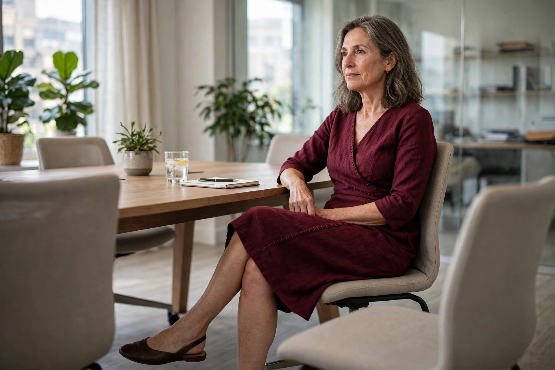 Woman over 50 in a burgundy faux wrap dress with three-quarter sleeves, seated at a meeting table
