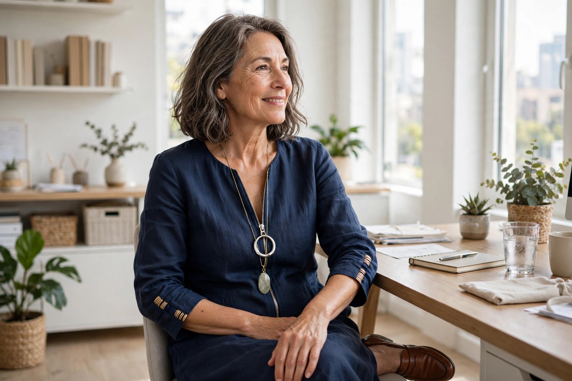 Woman over 50 in a navy zip-front dress with a large ring zipper pull and a long pendant, seated at a desk