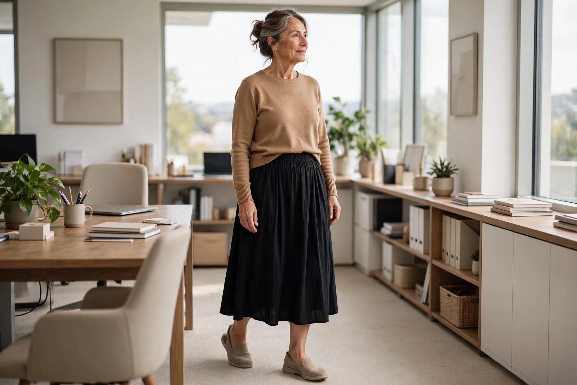 Woman over 50 wearing a camel pullover knit and a black elastic-waist midi skirt in an office