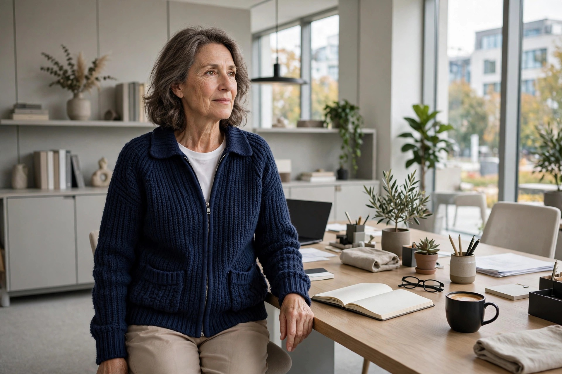 Woman over 50 wearing a navy chunky zip-up knit jacket over a white top, seated at an office desk