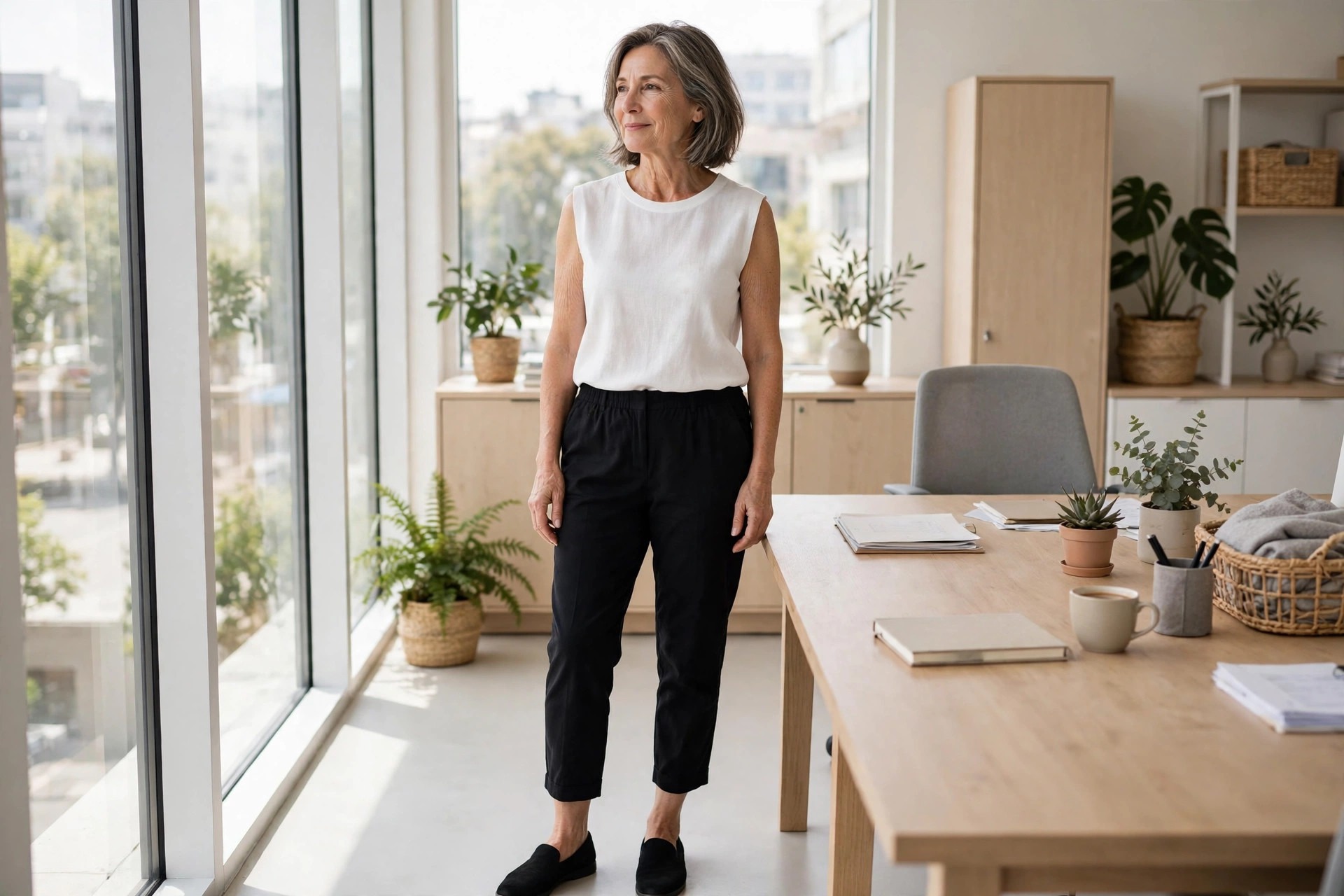 Woman over 50 in a white sleeveless shell top and black cropped trousers, standing in a bright office