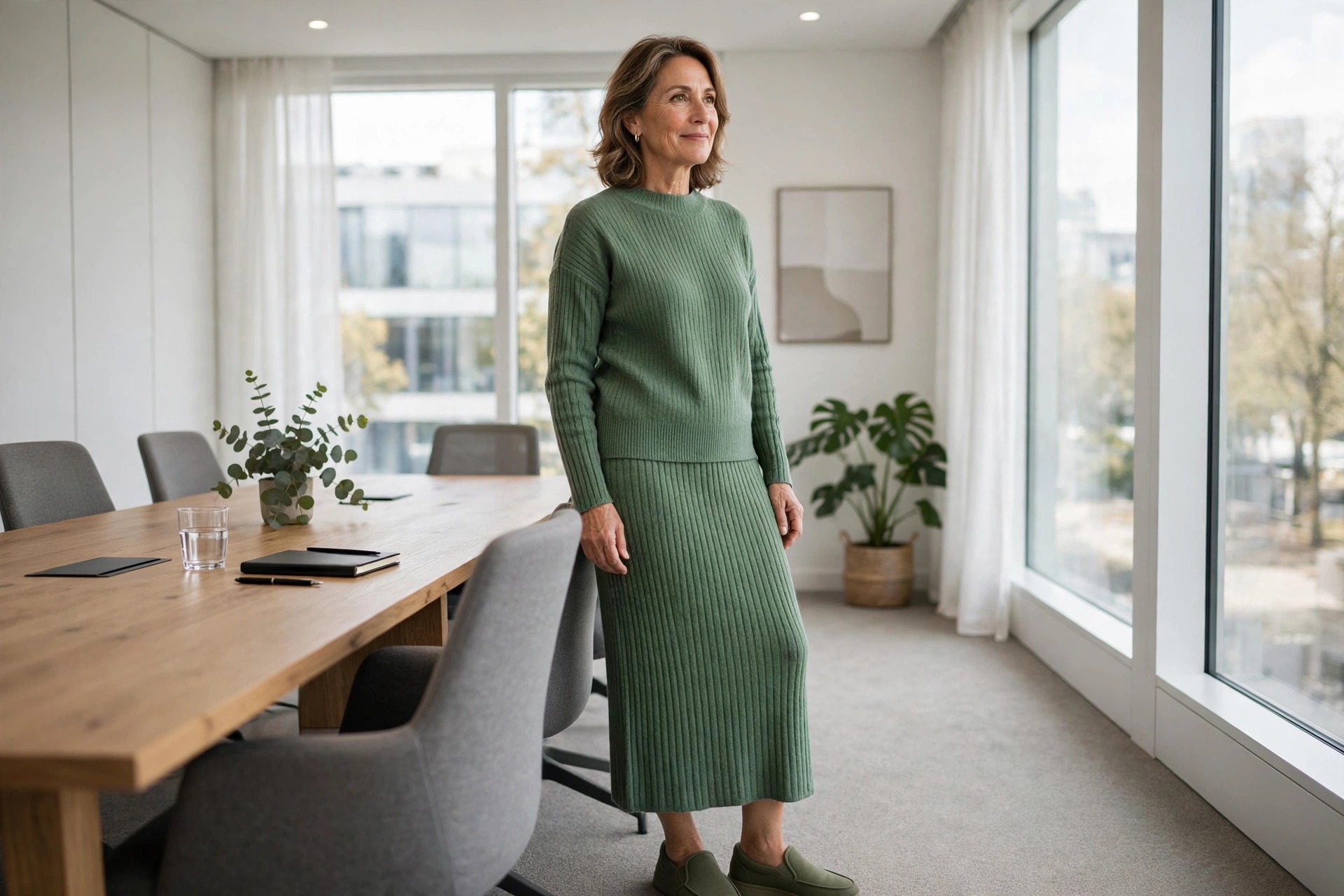 Woman over 50 wearing a matching green ribbed knit top and midi skirt set in a conference room