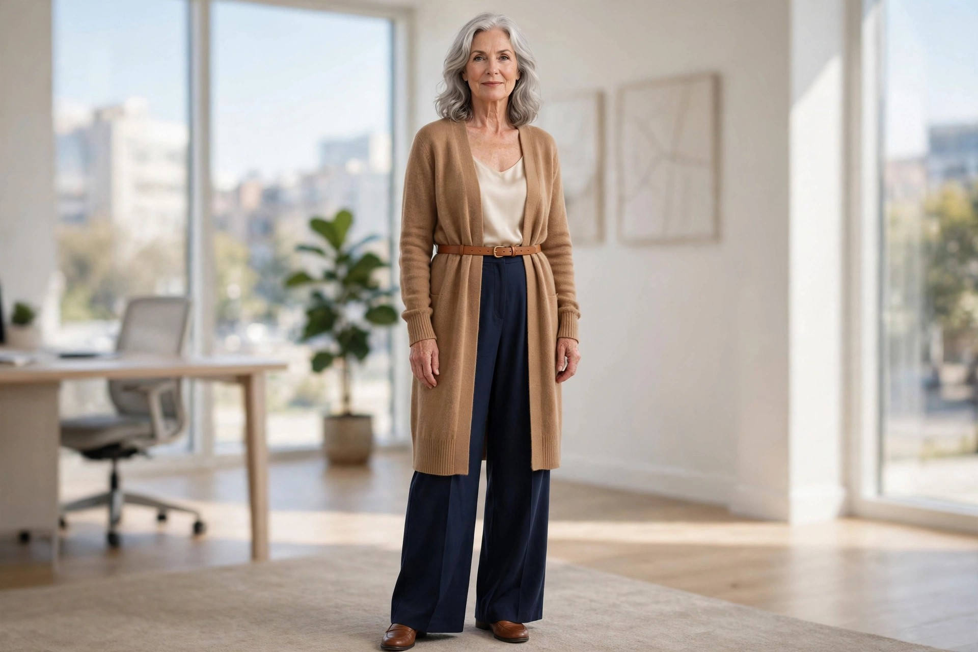 Woman over 50 in a belted camel long cardigan over a cream shell and navy wide-leg trousers in an office