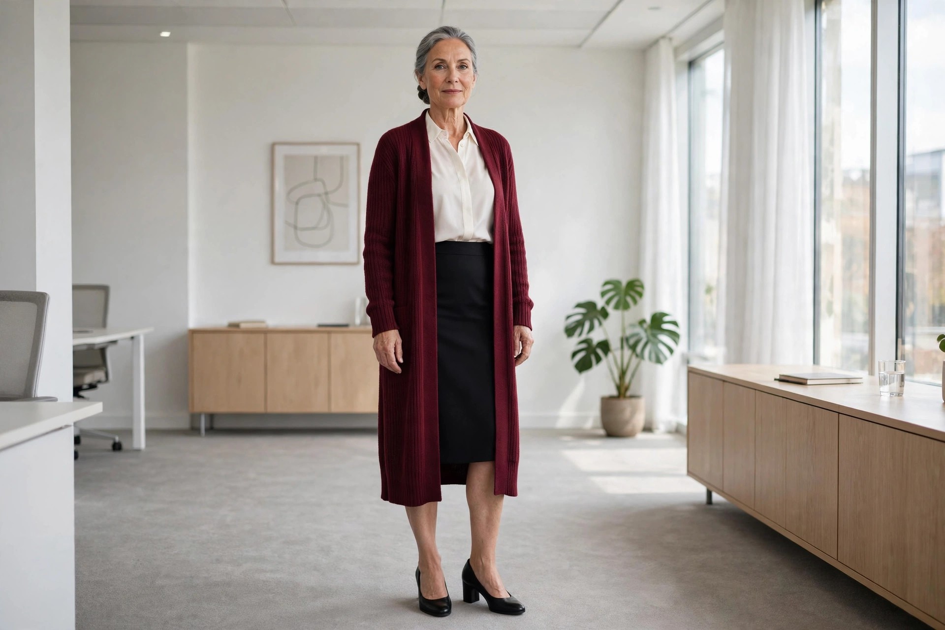 Woman over 50 in a burgundy long cardigan over an ivory blouse and black pencil skirt in an office