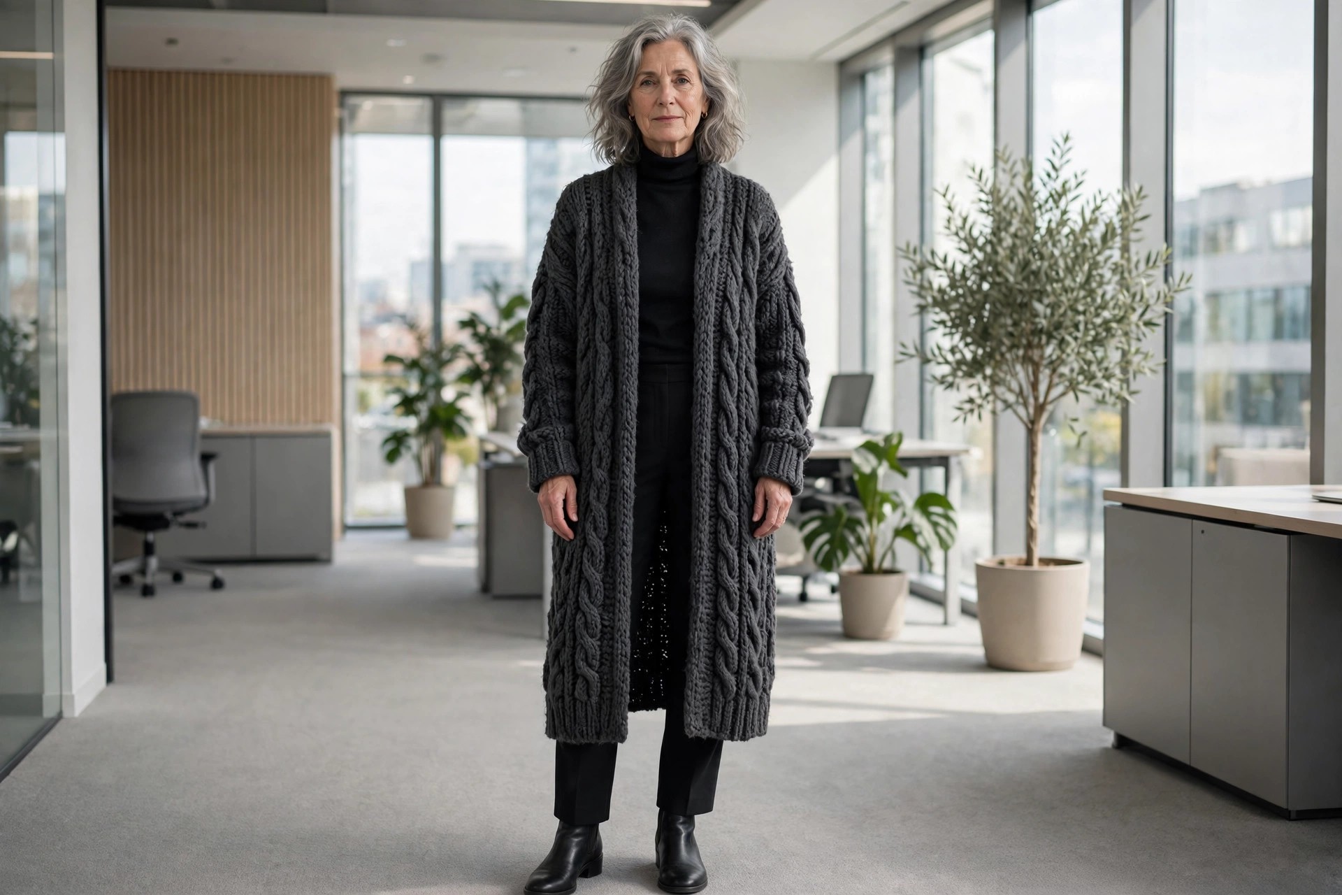 Woman over 50 in a chunky charcoal cable-knit long cardigan over a black turtleneck and black trousers in an office