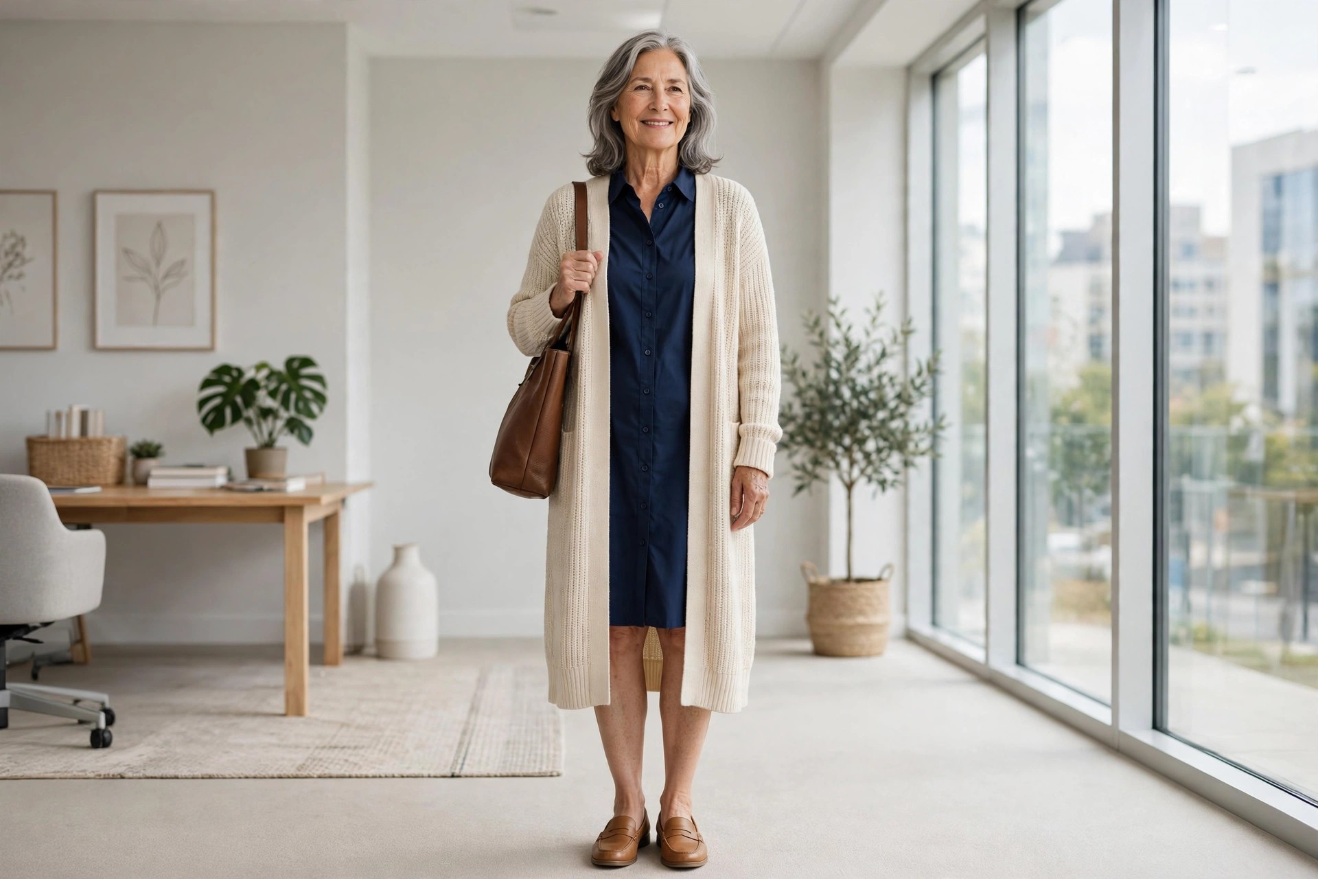 Woman over 50 in a cream long cardigan over a navy shirt dress carrying a brown tote in an office