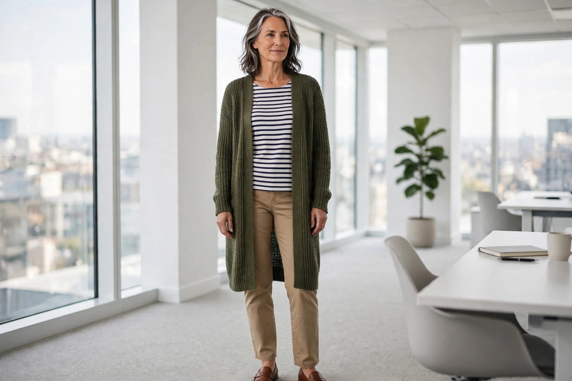 Woman over 50 in an olive long cardigan over a navy and white striped top and tan trousers in an office