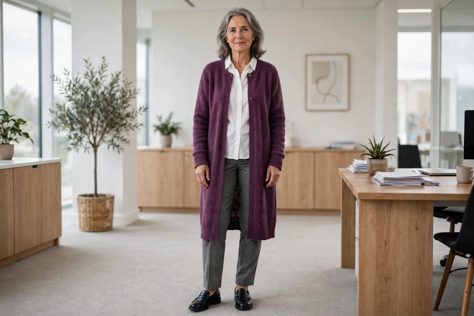 Woman over 50 in a plum long cardigan buttoned at the top over a white shirt and grey check trousers in an office