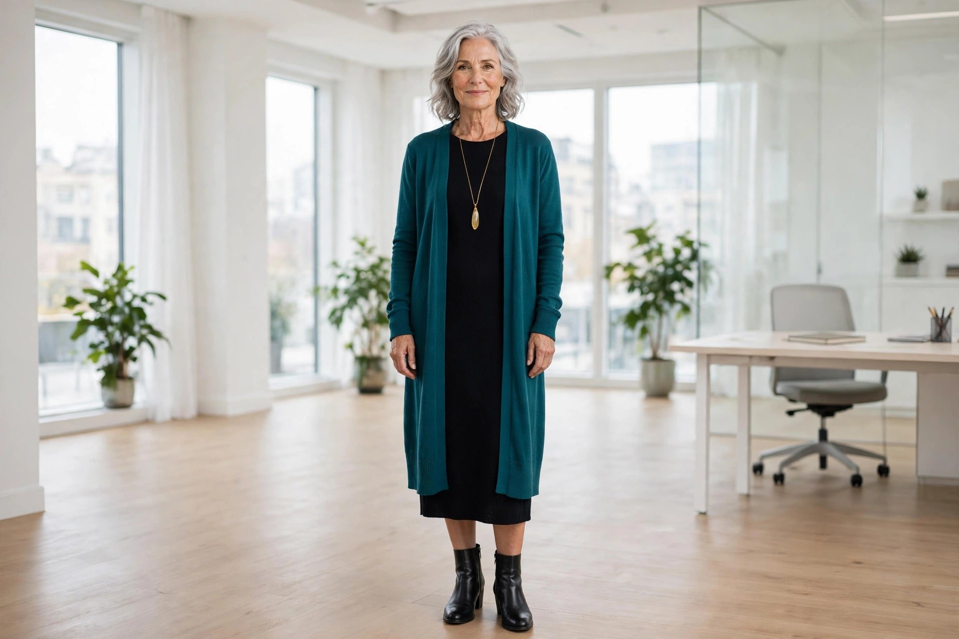 Woman over 50 in a teal knee-length cardigan over a black knit dress with a long pendant and ankle boots in an office