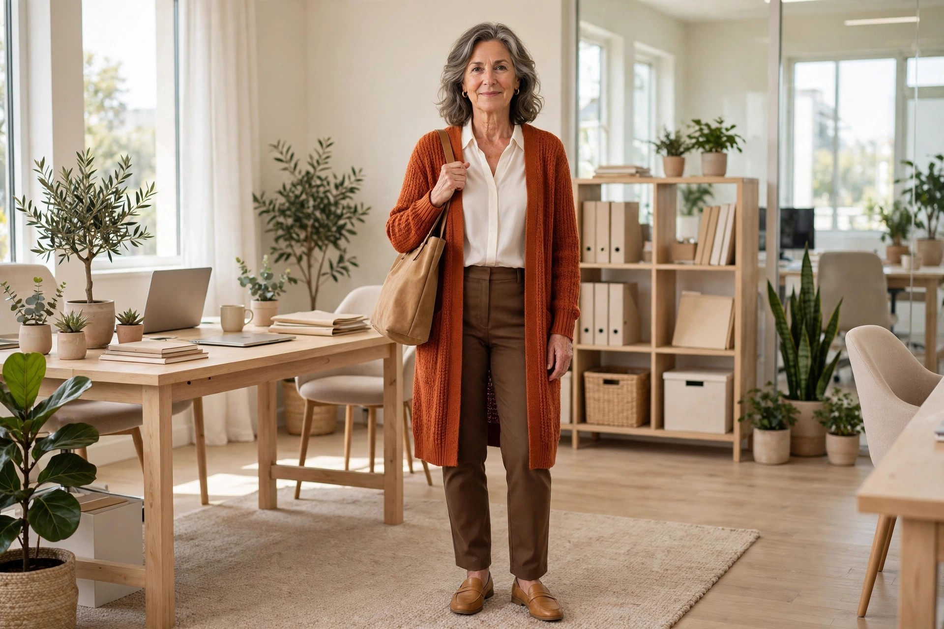 Woman over 50 in a rust long cardigan over a cream blouse and brown trousers carrying a tan tote in an office