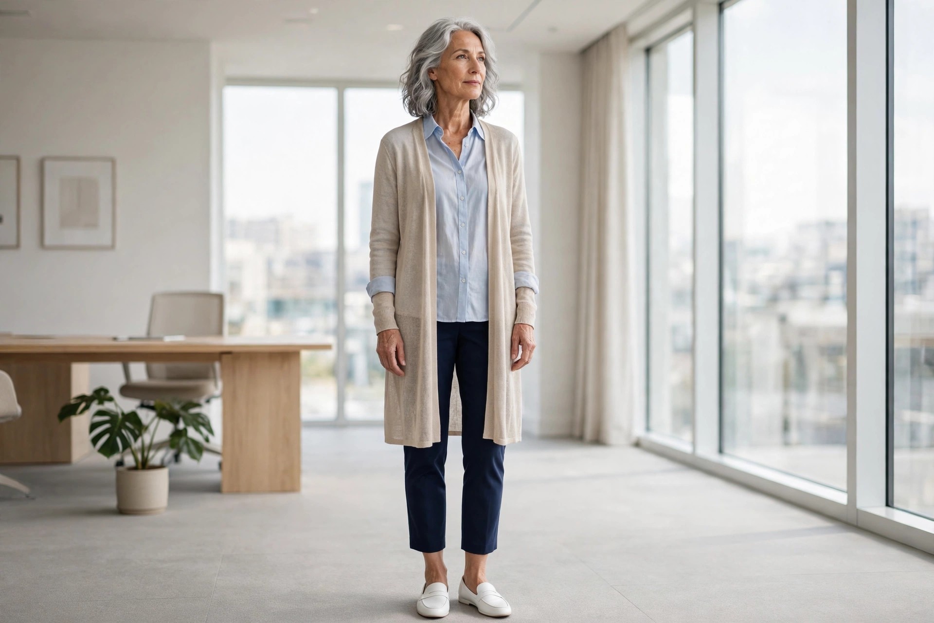 Woman over 50 in a lightweight beige long cardigan over a pale blue shirt and navy cropped trousers in an office