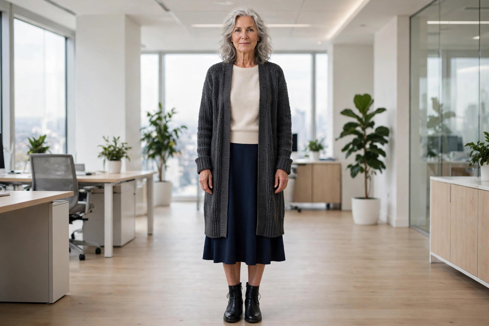 Woman over 50 in a charcoal long cardigan over a cream knit top and navy midi skirt with ankle boots in an office