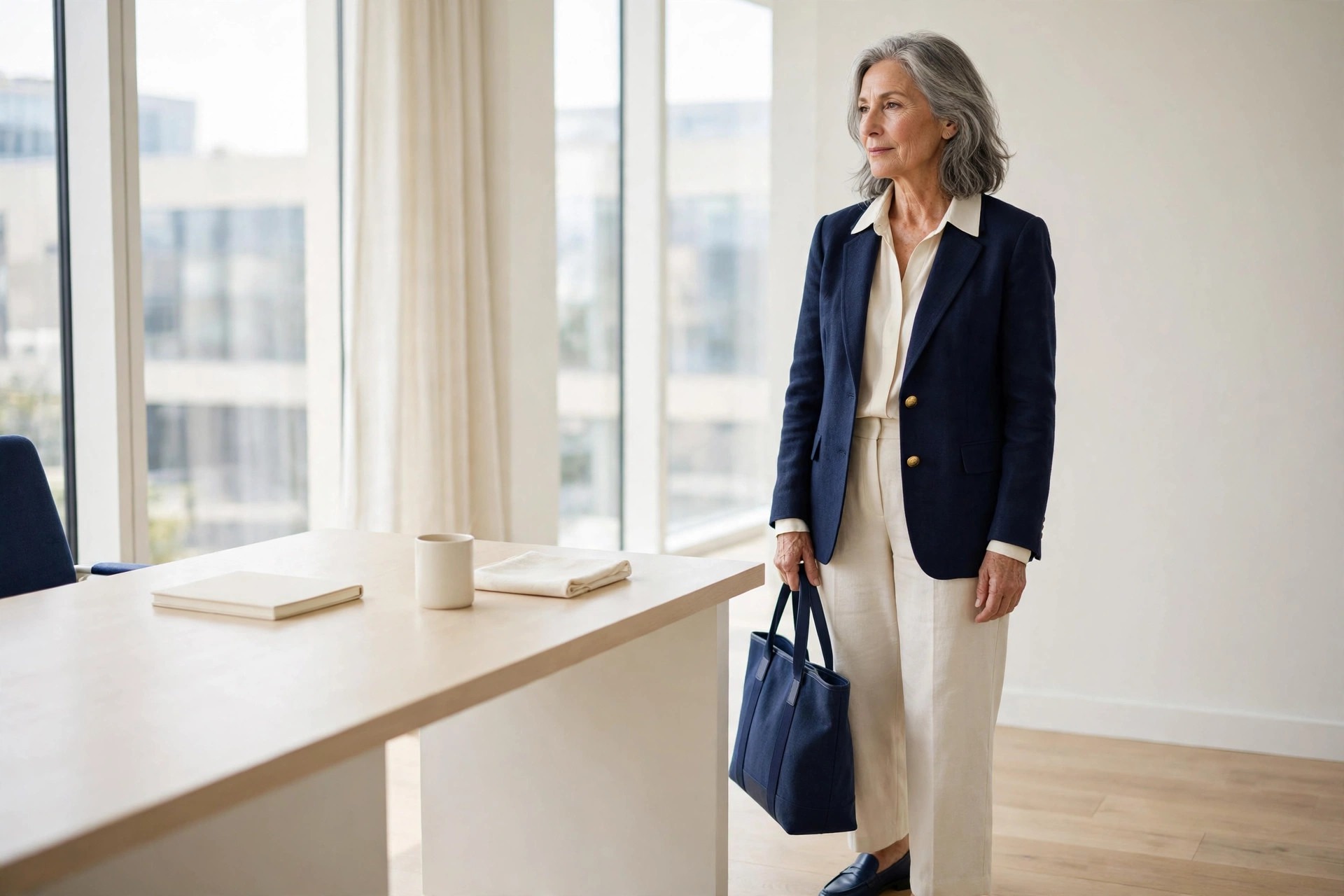 Woman over 50 with grey hair in a navy blazer, cream blouse and cream wide-leg trousers holding a navy tote beside an office desk