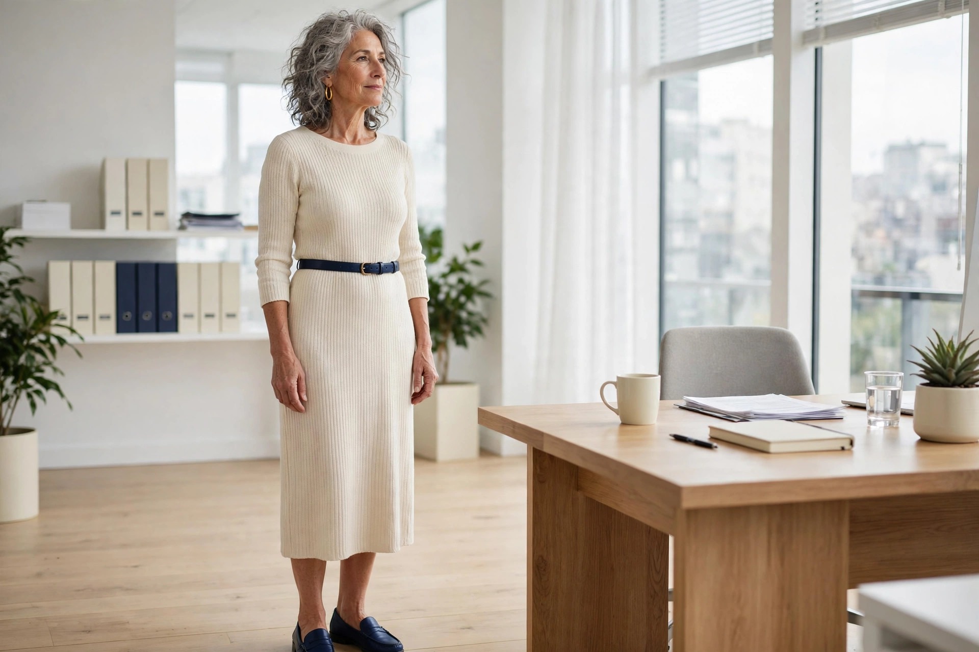 Woman over 50 with curly grey hair in a cream ribbed knit midi dress with a navy belt and navy loafers in an office