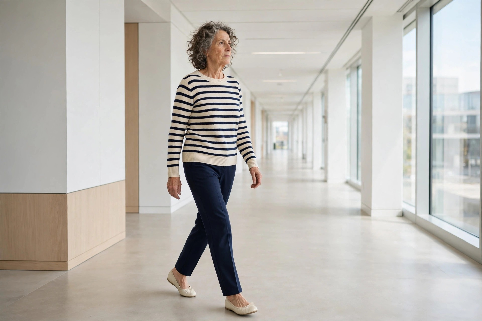 Woman over 50 in a navy and cream striped knit top, navy straight trousers and cream ballet flats walking down an office corridor