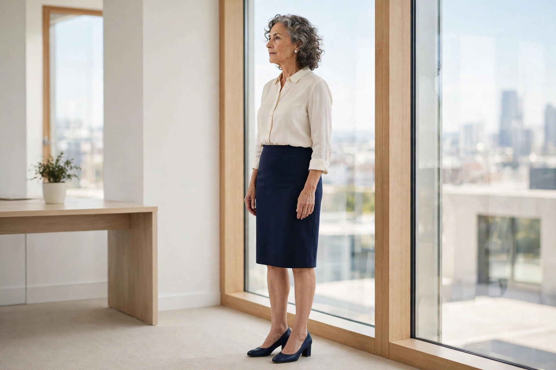 Woman over 50 in a cream blouse and navy pencil skirt with navy block heels standing by office windows