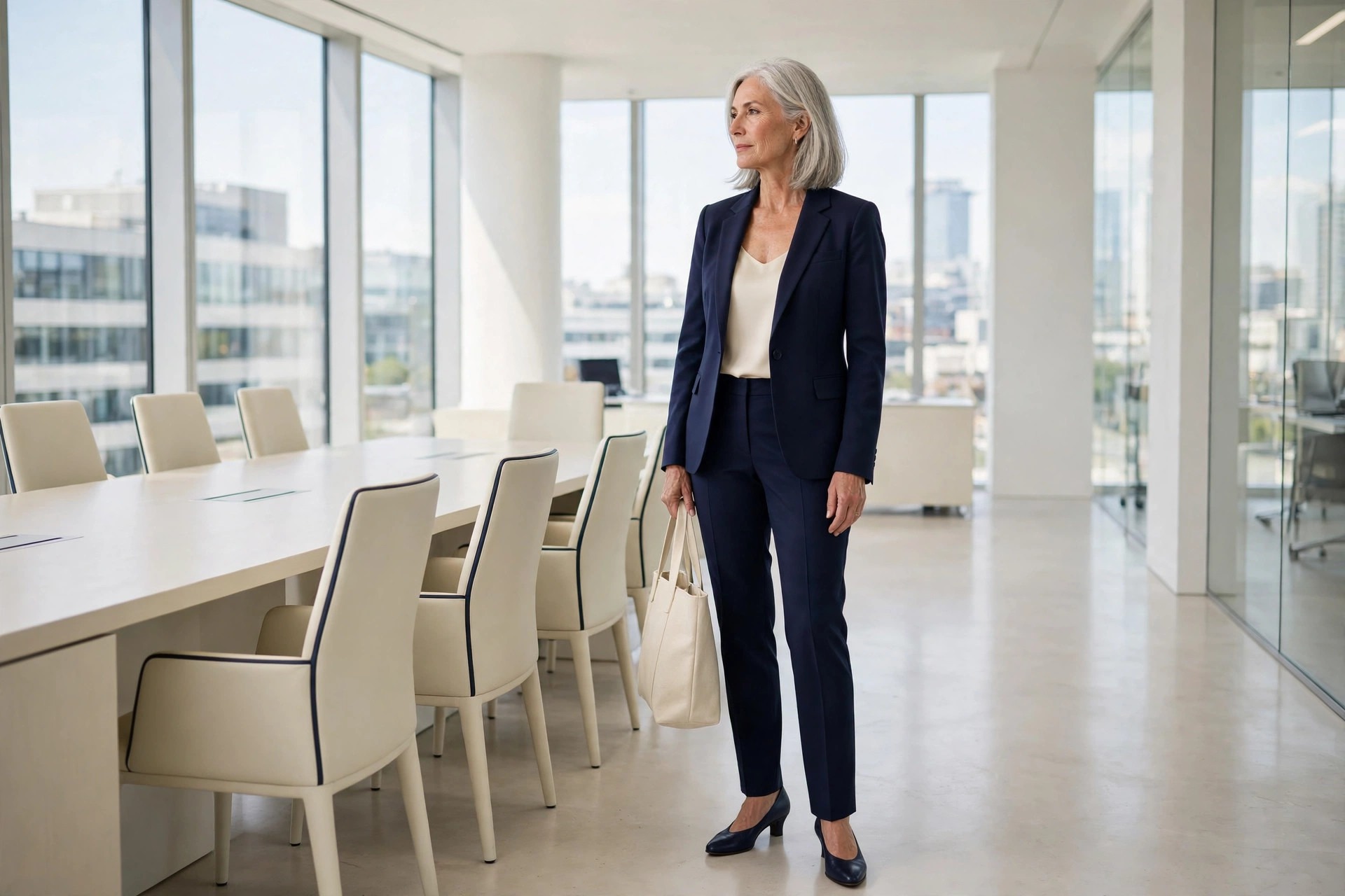 Woman over 50 with silver hair in a navy trouser suit and cream shell top holding a cream tote in a boardroom
