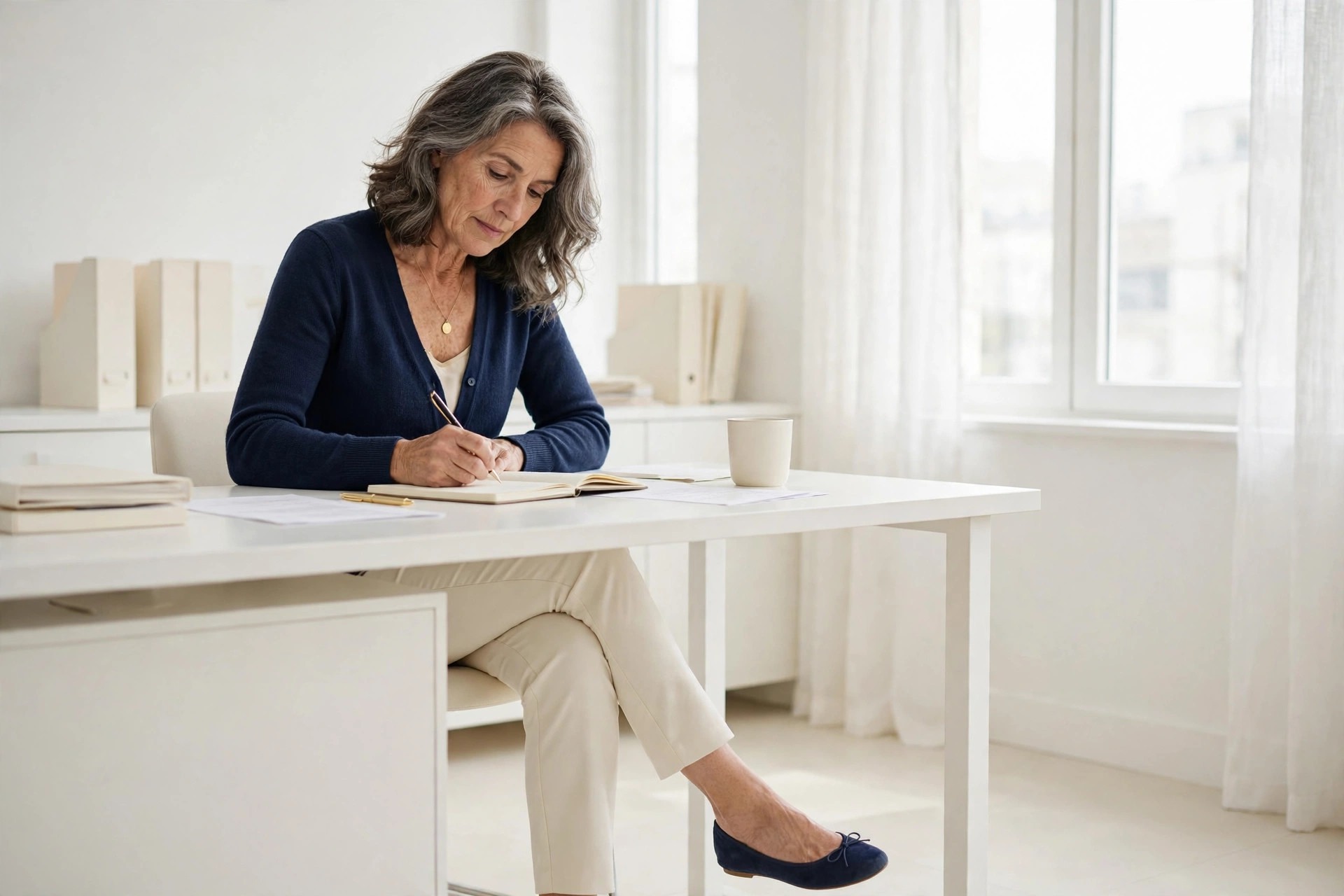 Woman over 50 in a navy cardigan worn as a top with cream ankle trousers and a navy ballet flat writing at an office desk