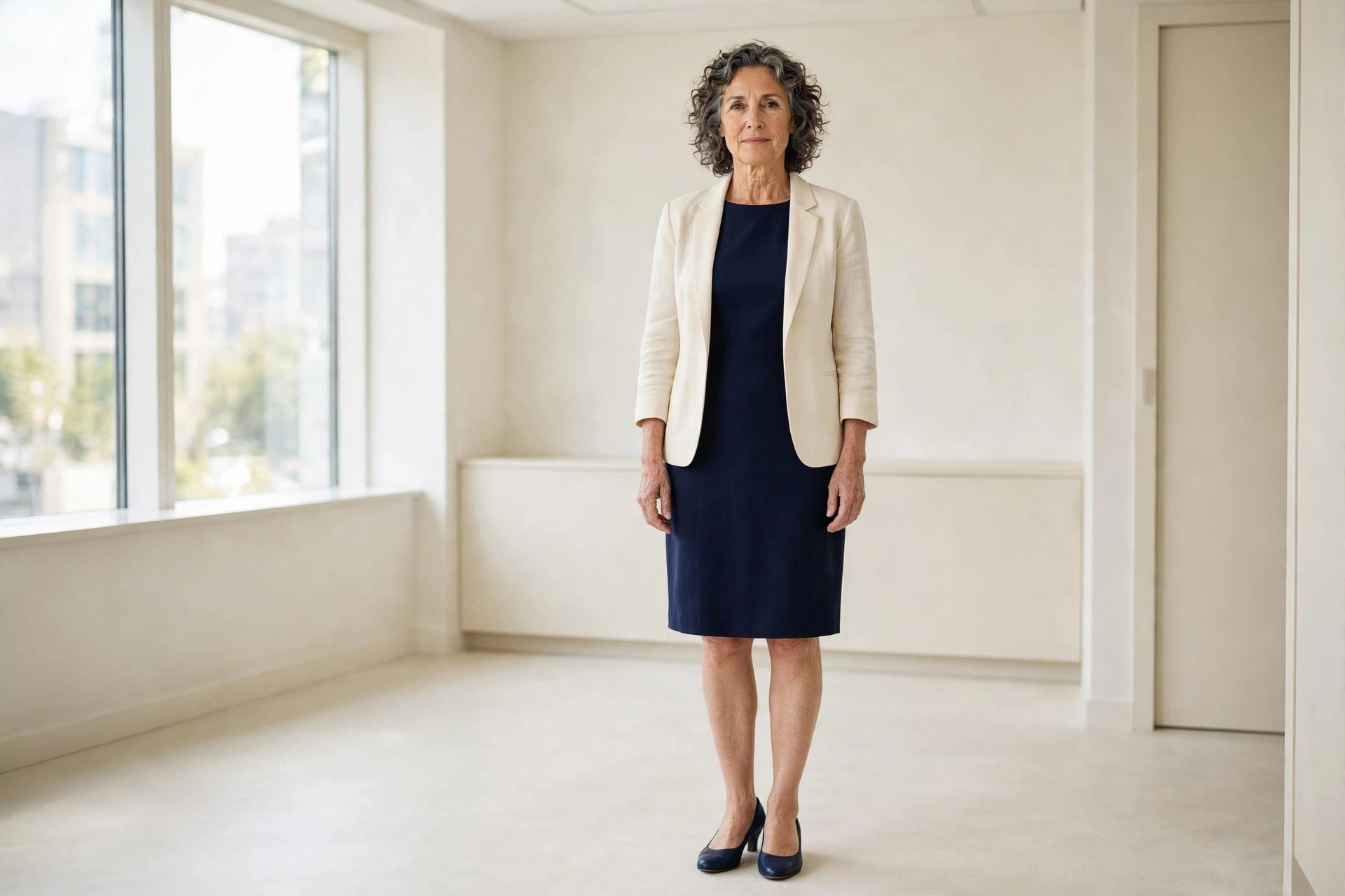 Woman over 50 in a navy shift dress under a cream blazer with navy heels standing in a bright office