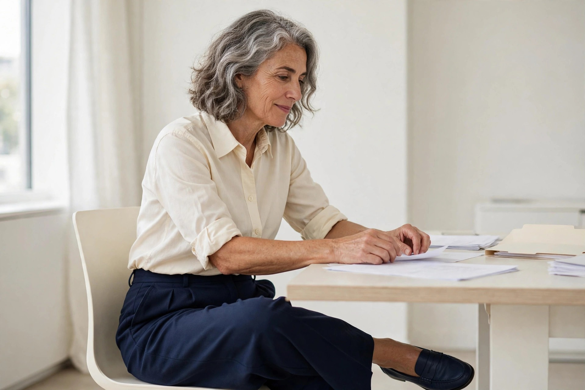 Woman over 50 in a cream Oxford shirt and navy wide-leg trousers with a navy loafer sitting at an office desk with paperwork