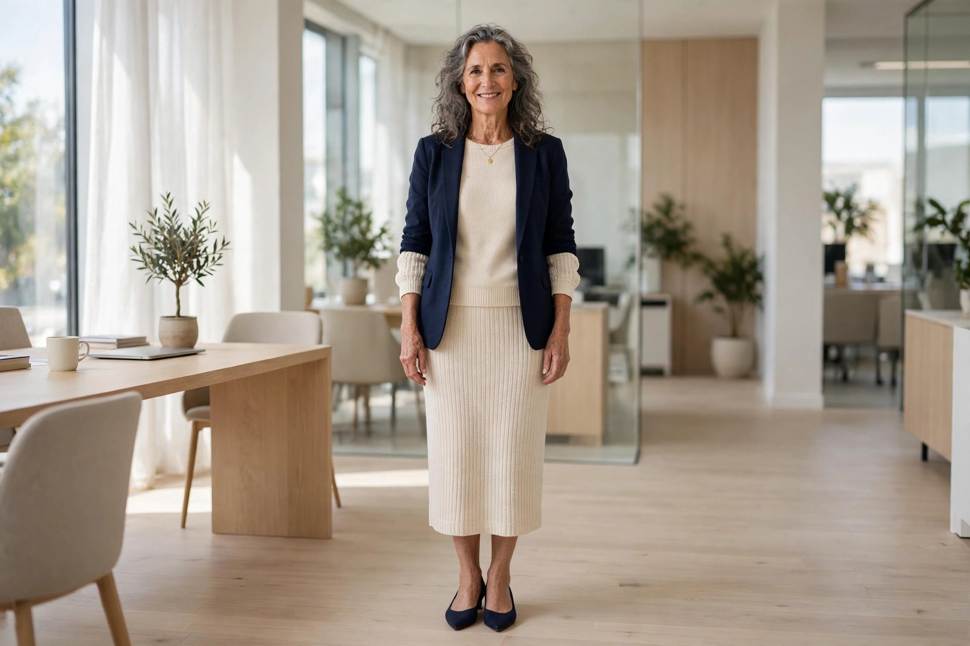 Woman over 50 in a cream knit top and cream knit midi skirt with an open navy blazer and navy flats in an office